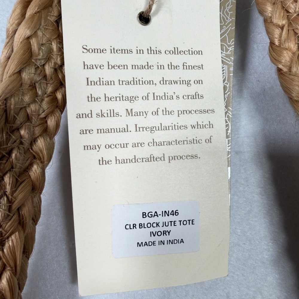 ANTIK KRAFT 100% Jute Color Block Tote Bag Ivory Natural Tassel NWT India - Picture 5 of 8